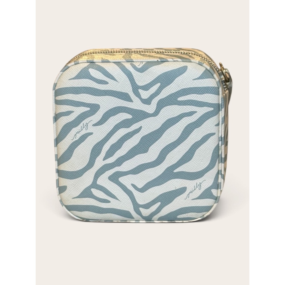 Milly Travel Jewelry Case Blue Zebra Print Square Zippered Organizer Mirror